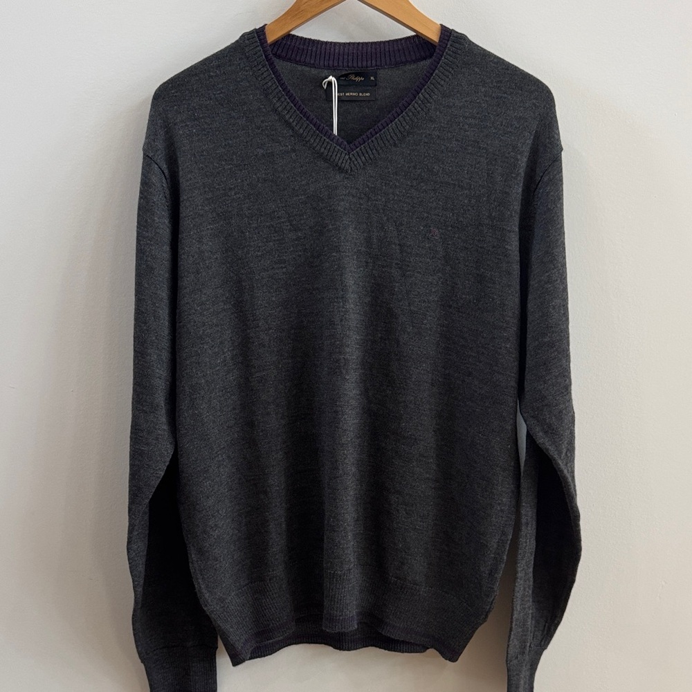 Louis Philippe Dark Gray V-Neck Sweater